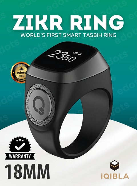 Smart Zikr Ring | Lite | 18 MM Prayer Counter, Tasbih Counter & Muslim Prayer Time Reminder | Waterproof Wearable Technology | Black and Gray