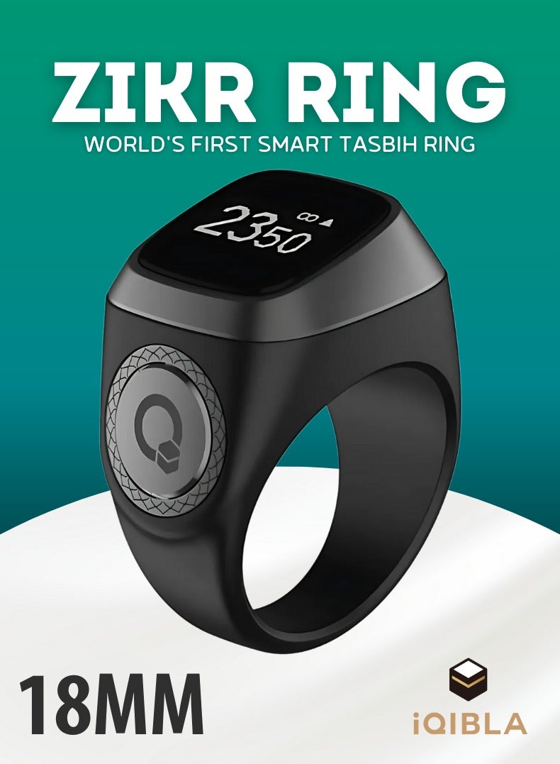 iQIBLA Smart Zikr Ring | Lite | 18 MM Prayer Counter, Tasbih Counter & Muslim Prayer Time Reminder | Waterproof Wearable Technology | Black and Gray - Image 1