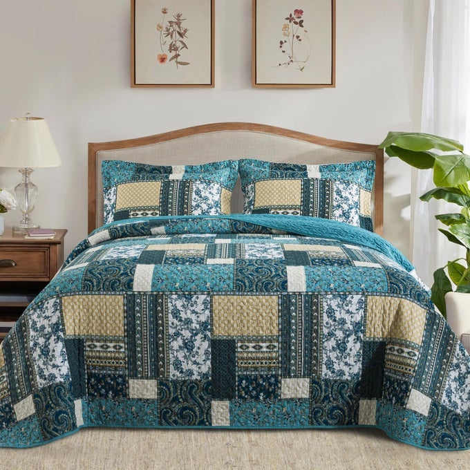 COTTON CALIFORNIA KING SIZE QUILT SET LIGHTWEIGHT BEDSPREAD OVERSIZED KING COVERLET SOFT FARMHOUSE QUILT BEDDING SETS FOR BED DECORATIONS FOR ALL SEASONS 3 PIECES BLUE