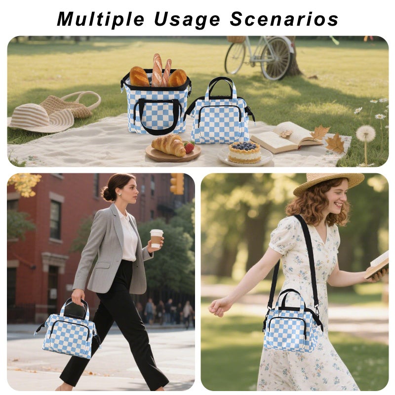 U+U Reusable Lunch Bag for Women Men Leakproof Lunch Tote Bag with Adjustable Strap, Holds Lunch Box, Snacks, Fruits for Work, Picnic or Travel - Insulated, Large Capacity, Waterproof (Blue Checkered) - Image 2