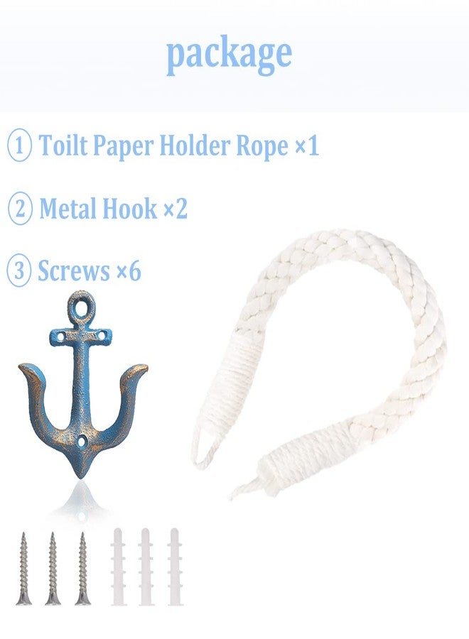 Amerla 2 Pcs White Nautical Rope Toilet Paper Holder Wall-Mounted Towel Ring Nautical Toilet Paper Holder with Metal Hooks Coastal Towel Rack （Blue+Blue） - Image 3