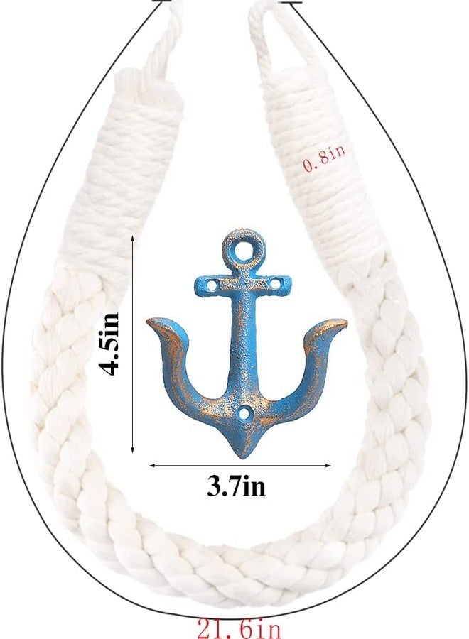 Amerla 2 Pcs White Nautical Rope Toilet Paper Holder Wall-Mounted Towel Ring Nautical Toilet Paper Holder with Metal Hooks Coastal Towel Rack （Blue+Blue） - Image 2