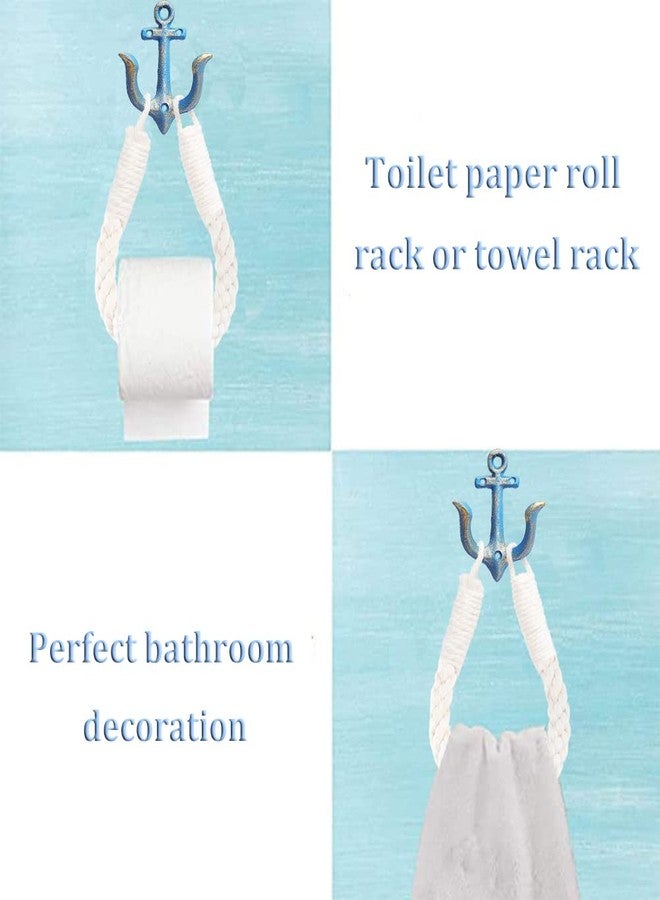 Amerla 2 Pcs White Nautical Rope Toilet Paper Holder Wall-Mounted Towel Ring Nautical Toilet Paper Holder with Metal Hooks Coastal Towel Rack （Blue+Blue） - Image 4