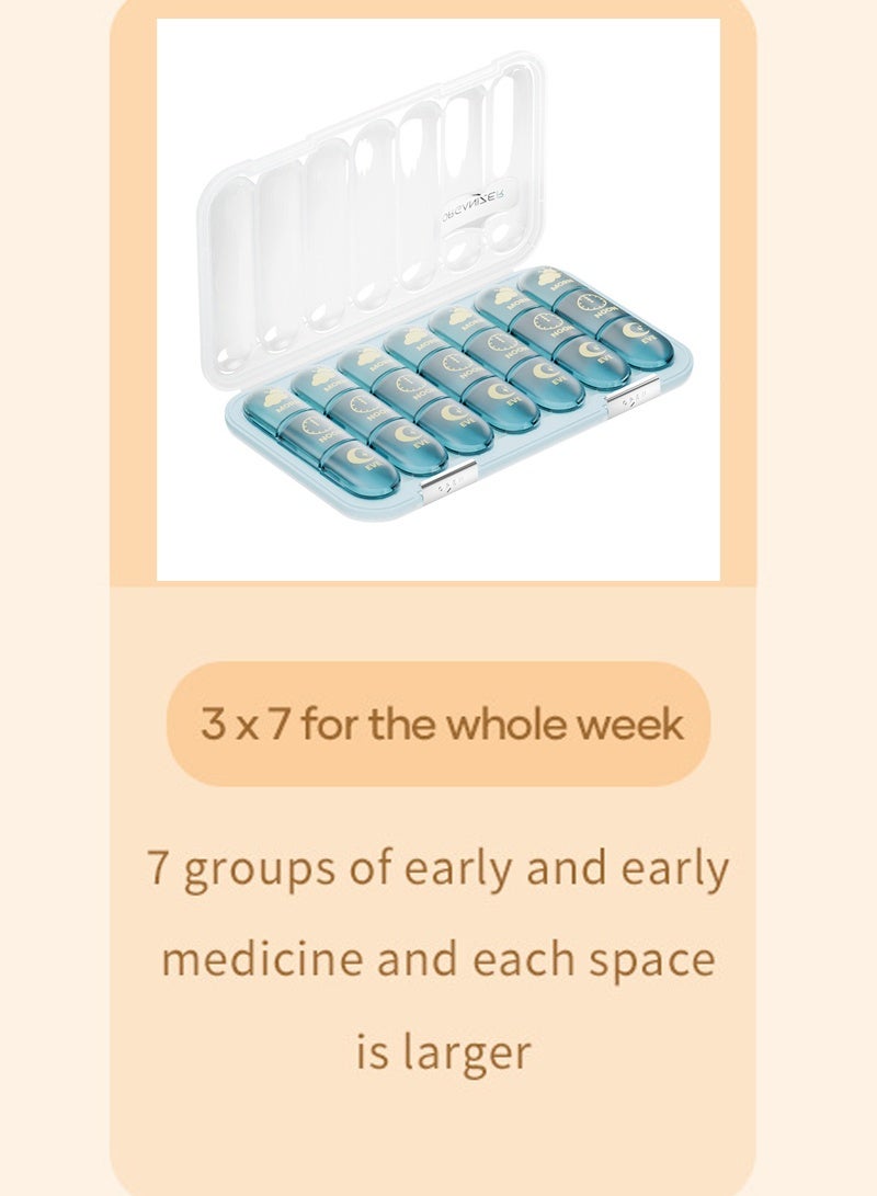 لبونير منظم أقراص أسبوعي كبير لحبوب منع الحمل الأسبوعية 3 مرات في اليوم، علب أقراص كبيرة لحفظ الحبوب صباحًا ومساءً لمدة 7 أيام، علبة أقراص كبيرة لزيوت السمك ومكملات الفيتامينات (أزرق) - Image 3