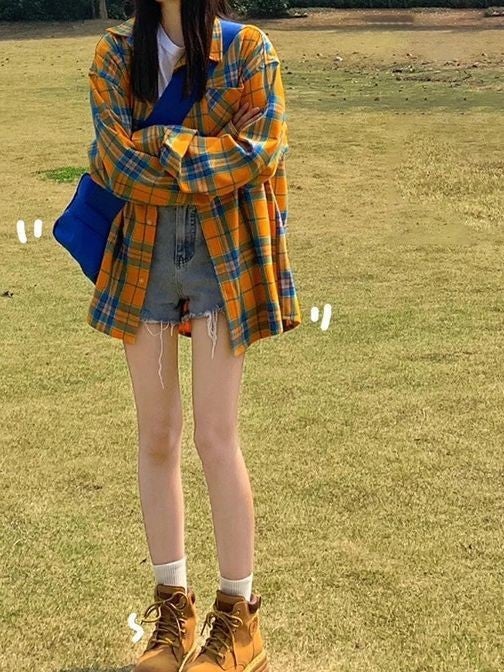 French Retro Green Plaid Shirt Shirt Coat Womens Spring and Autumn Clothes Womens 2023 New Loose Long Sleeve Top YELLOW CHECK