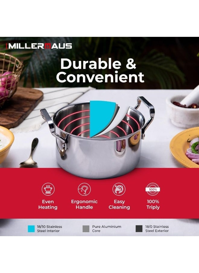 MILLERHAUS Millerhaus 30 Cm Triply Casserole With S/S Lid, Non-Reactive Cooking Surface Safe Cooking Pot | Stainless steel body with Cover  - Image 3
