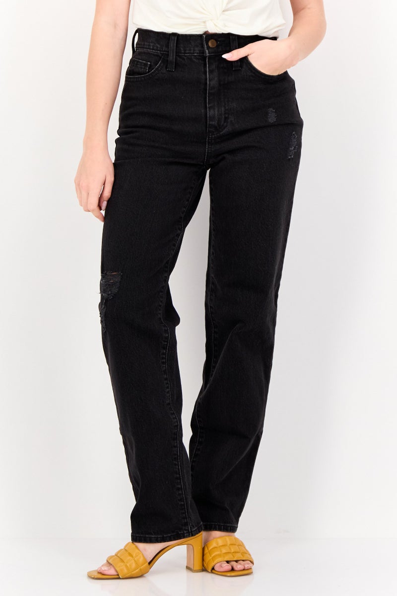 Universal Thread جينز دنيم نسائي مستقيم القصة قابل للتمدد، أسود - Image 1