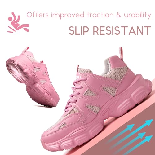 COOU Steel Toe Shoes for Women Lightweight Comfortable Steel Toe Sneakers Thickened Sole Puncture Proof Composite Toe Safety Shoes Women Size 7.5 Pink - Image 4