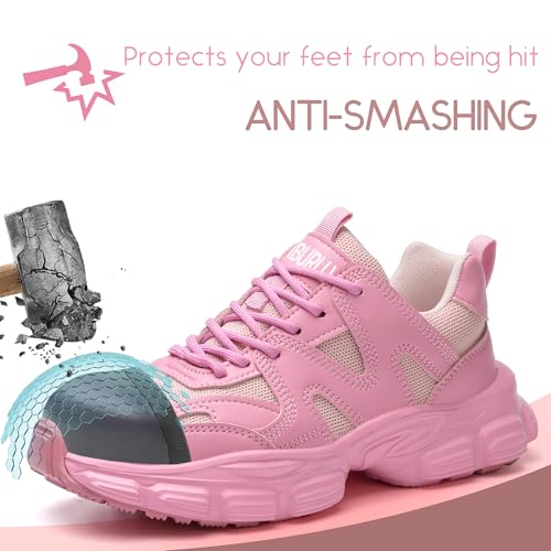 COOU Steel Toe Shoes for Women Lightweight Comfortable Steel Toe Sneakers Thickened Sole Puncture Proof Composite Toe Safety Shoes Women Size 7.5 Pink - Image 3