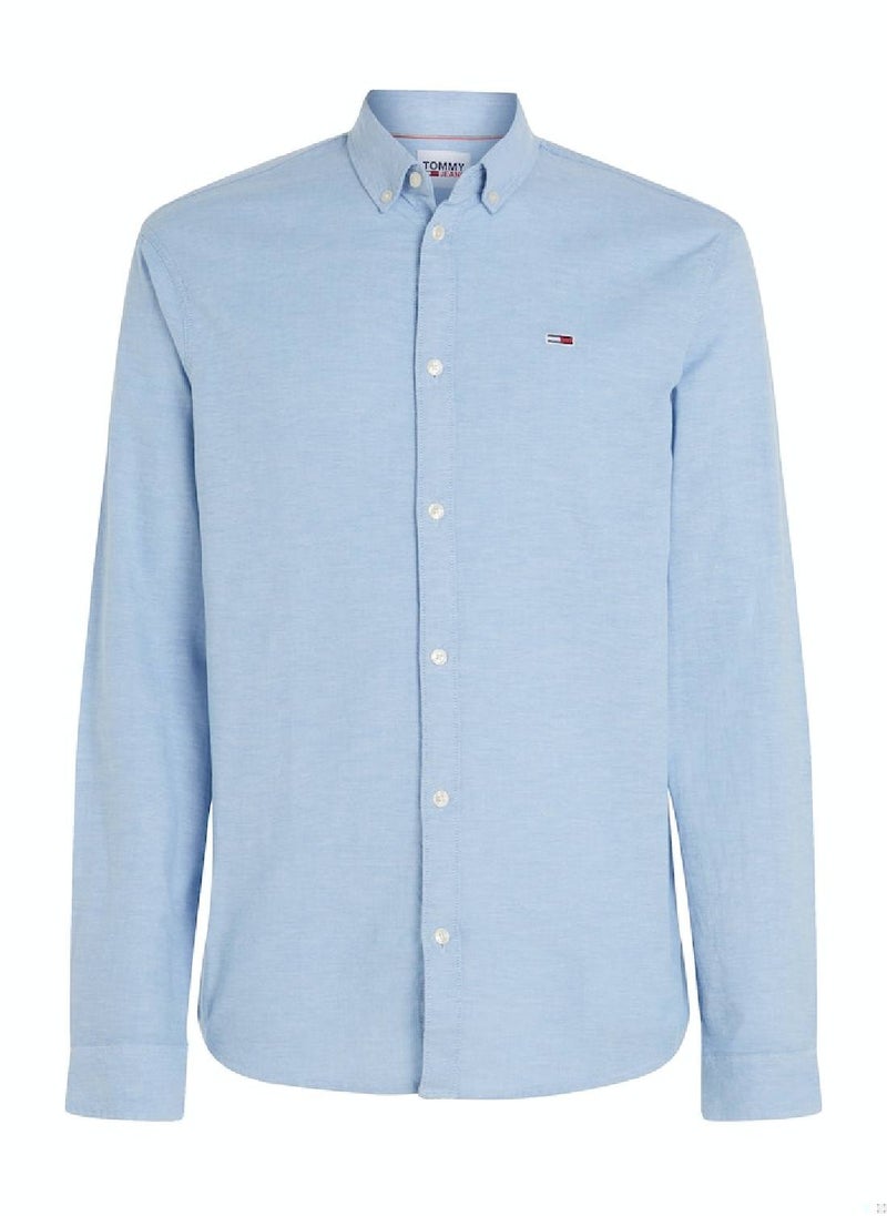 TOMMY JEANS - Men's Stretch Oxford Cotton Slim Fit Casual Shirt, Blue - Image 1
