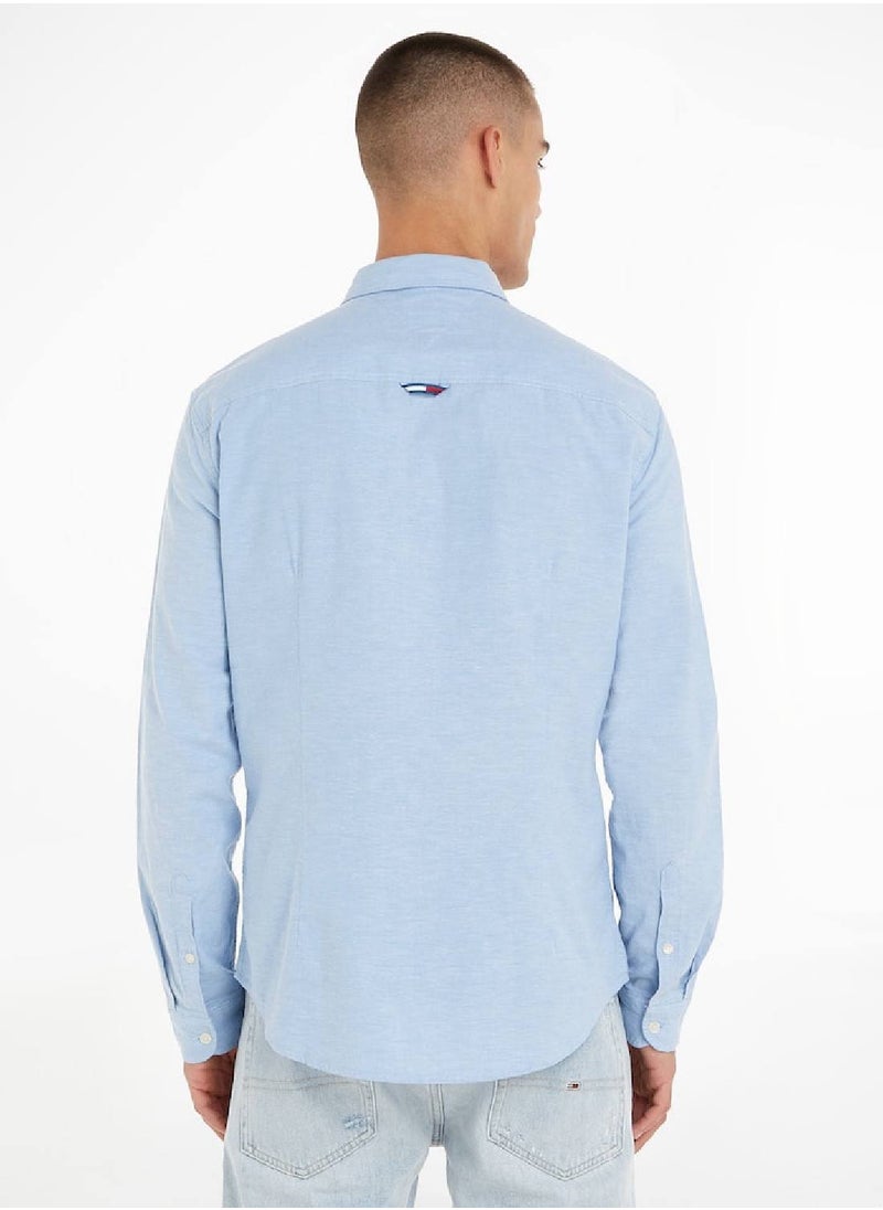 TOMMY JEANS - Men's Stretch Oxford Cotton Slim Fit Casual Shirt, Blue - Image 1