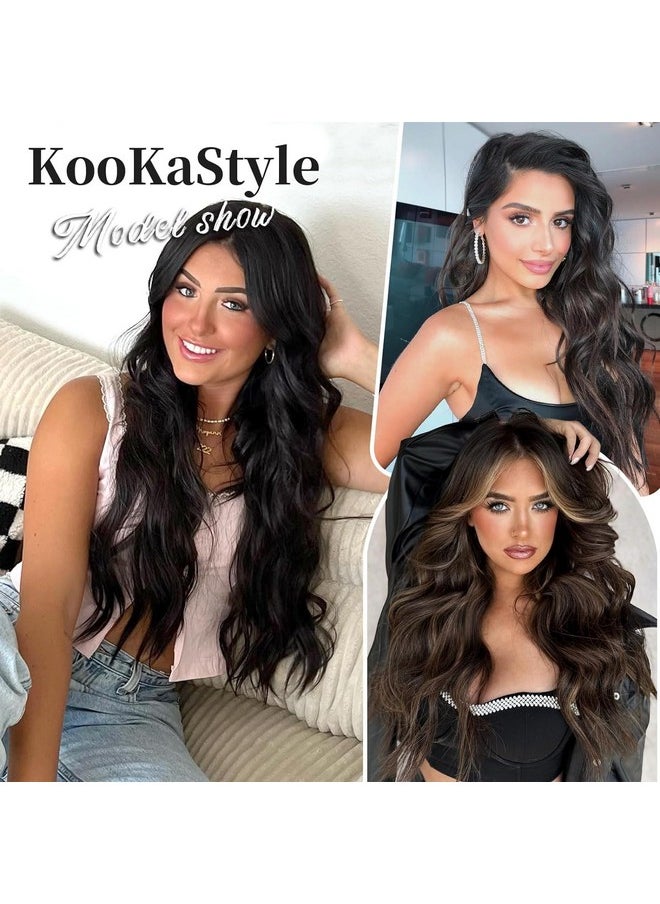 KooKaStyle Invisible Wire Hair Extensions With Transparent Headband Adjustable Size 4 Secure Clips Long Wavy Secret Wire Hairpiece 20 Inch Natural Black For Women 
