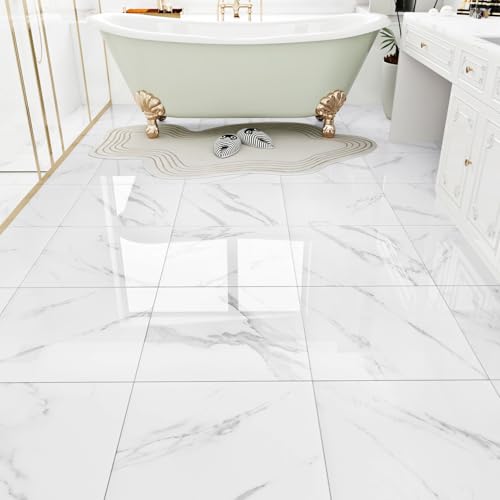 WESTICK White Marble Peel and Stick Floor Tile Bathroom Waterproof Marble Flooring Tiles Self Adhesive Sticky Tiles for Floor Bedroom Kitchen Camper Laundry Peel and Stick Tile Flooring 20 PCS 12"x12" - Image 1