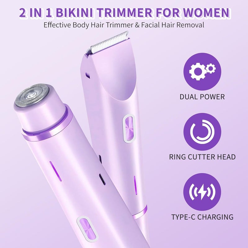 2025 New 2-in-1 Bikini Shaver & Body Trimmer for Women - Cordless Wet/Dry Electric Razor Kit, Waterproof Hair Removal for Face/Lips/Underarms/Legs/Pubic Areas (Purple) - Image 2