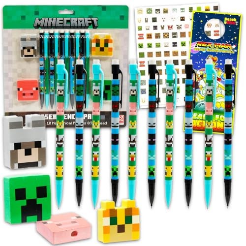 MINECRAFT ماين كرافت 10 عدد أقلام رصاص ميكانيكية لمجموعة الصف - حزمة مستلزمات مدرسية مع 10 أقلام رصاص، 4 ممحاة، بالإضافة إلى ملصقات، المزيد من المستلزمات المدرسية للأطفال، الأولاد، البنات - Image 1
