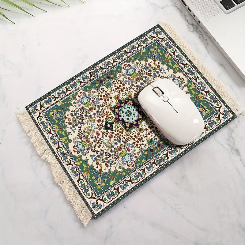 غطاء ماوس بتصميم السجاد الفارسي (قطعة واحدة) - طراز بوهيمي مع شرابات - قاعدة مطاطية مانعة للانزلاق ومقاومة للحرارة - حامل أكواب وأكواب قهوة - مستلزمات مكتبية ومستلزمات دراسية - هدية للعطلات - Image 1