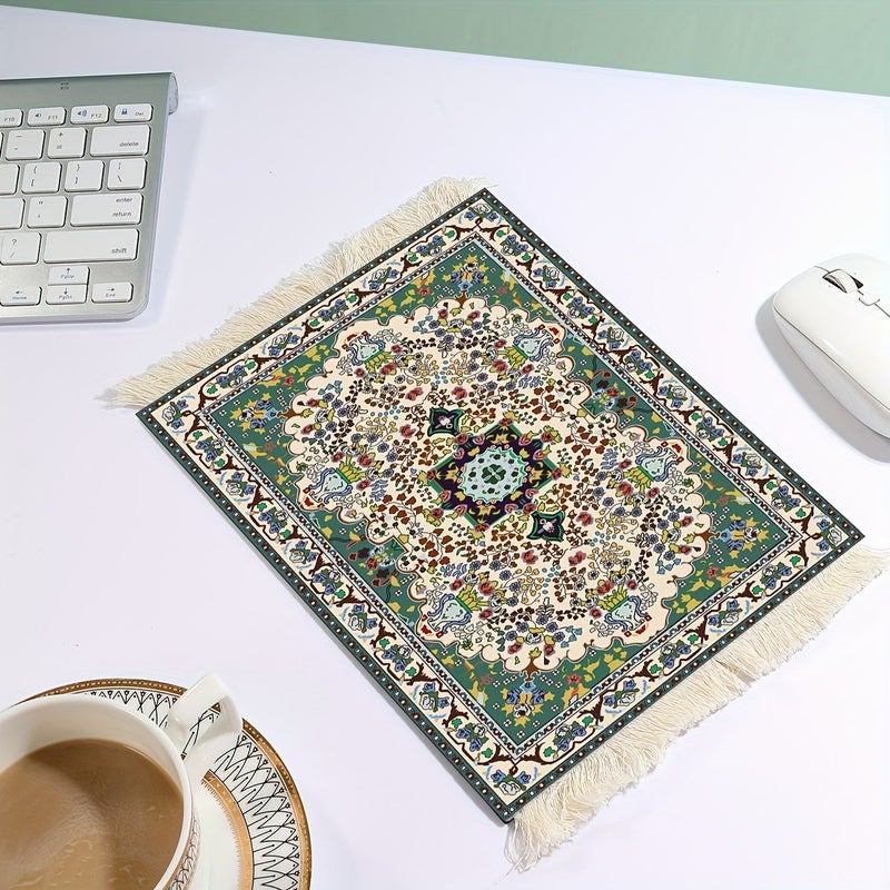 غطاء ماوس بتصميم السجاد الفارسي (قطعة واحدة) - طراز بوهيمي مع شرابات - قاعدة مطاطية مانعة للانزلاق ومقاومة للحرارة - حامل أكواب وأكواب قهوة - مستلزمات مكتبية ومستلزمات دراسية - هدية للعطلات - Image 3