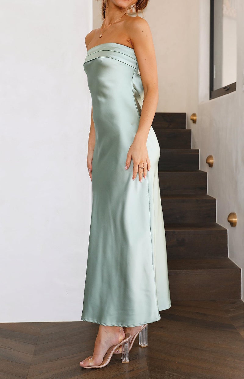 MEROKEETY Women 2025 Summer Strapless Satin Tube Bodycon Backless Wedding Guest Maxi Dress, Sage, M - Image 3