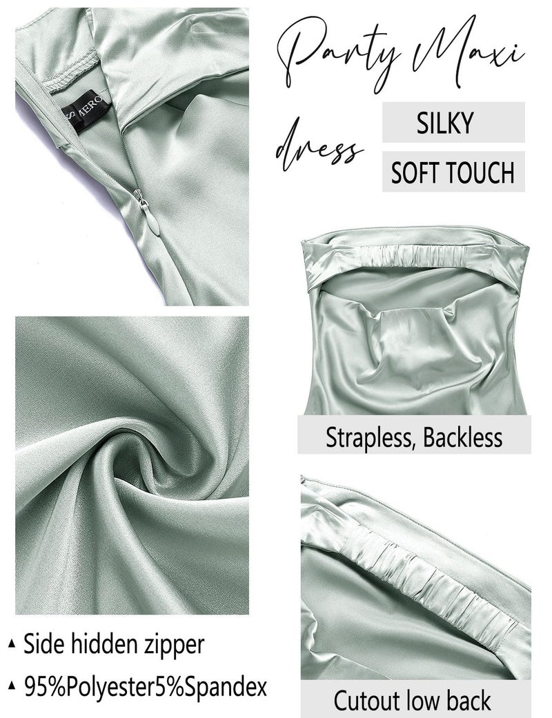 MEROKEETY Women 2025 Summer Strapless Satin Tube Bodycon Backless Wedding Guest Maxi Dress, Sage, M - Image 5