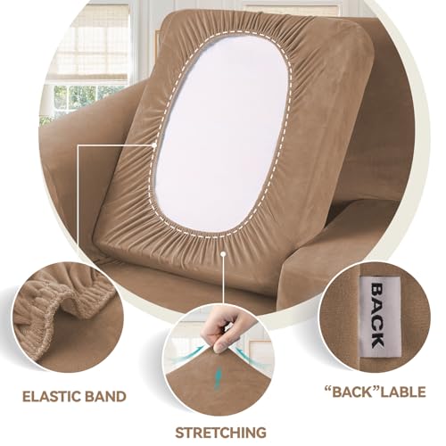 WEERRW Velvet Couch Covers for 2 Cushion Couch Sofa - High Stretch Luxury Velvet Plush 3 Pieces Sofa Slipcovers with Elastic Bottom, Furniture Protector for Pets, Machine Washable, Camel, Medium - Image 3