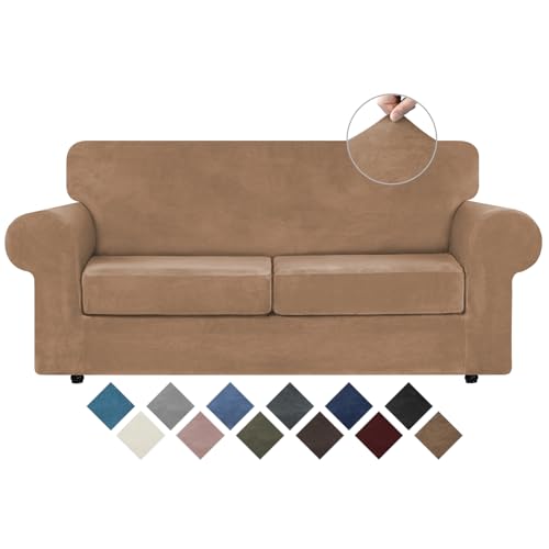 WEERRW Velvet Couch Covers for 2 Cushion Couch Sofa - High Stretch Luxury Velvet Plush 3 Pieces Sofa Slipcovers with Elastic Bottom, Furniture Protector for Pets, Machine Washable, Camel, Medium - Image 1