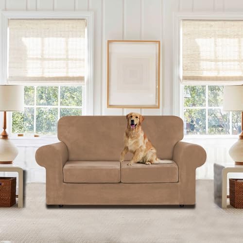 WEERRW Velvet Couch Covers for 2 Cushion Couch Sofa - High Stretch Luxury Velvet Plush 3 Pieces Sofa Slipcovers with Elastic Bottom, Furniture Protector for Pets, Machine Washable, Camel, Medium - Image 2