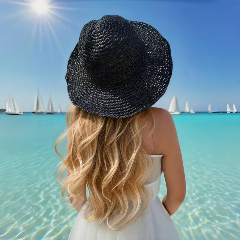 Askljeby Womens Sun Hats Wide Brim Summer Beach Hat for Women Foldable Travel Fedora Handmade Crochet Straw Hat Packable UPF50+, Black - Image 3