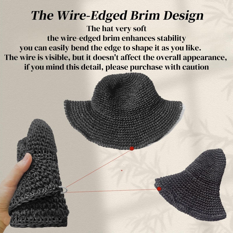 Askljeby Womens Sun Hats Wide Brim Summer Beach Hat for Women Foldable Travel Fedora Handmade Crochet Straw Hat Packable UPF50+, Black - Image 4