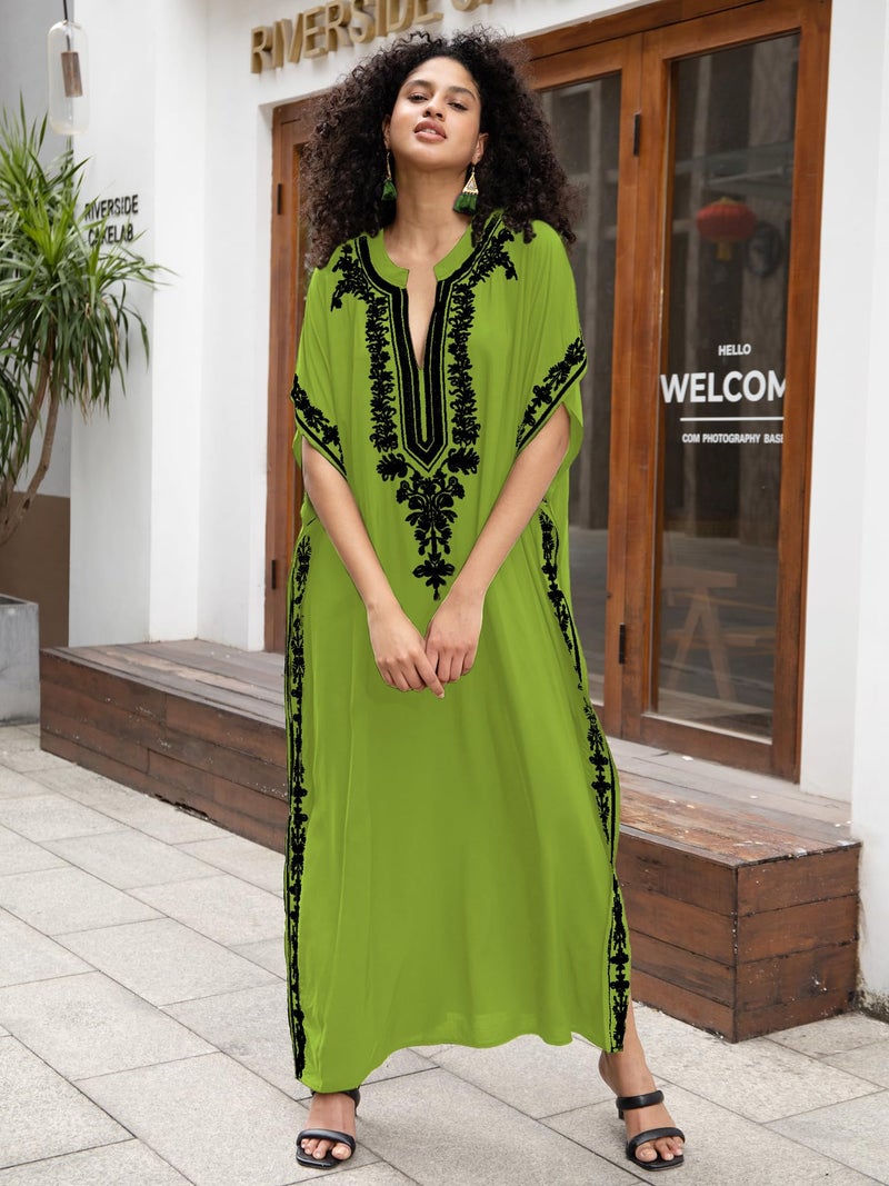 KECVOT Kaftan Dresses for Women Embroidered Short Sleeve V-neck Plus Size Caftan Bikini Swimsuit Cover-Up Long Beach Dress - Image 4