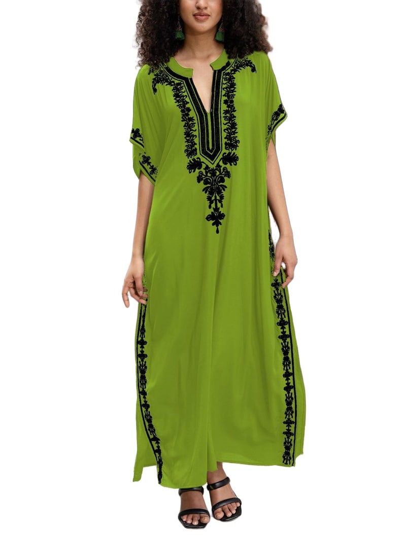 KECVOT Kaftan Dresses for Women Embroidered Short Sleeve V-neck Plus Size Caftan Bikini Swimsuit Cover-Up Long Beach Dress - Image 1