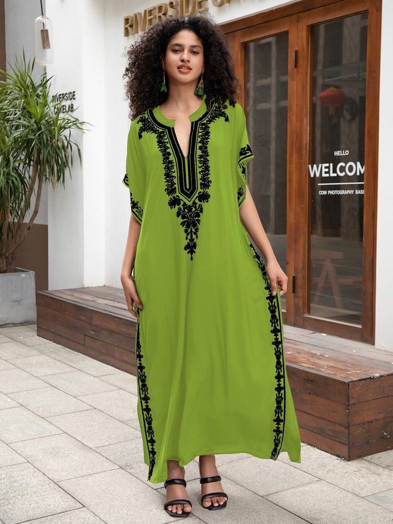 KECVOT Kaftan Dresses for Women Embroidered Short Sleeve V-neck Plus Size Caftan Bikini Swimsuit Cover-Up Long Beach Dress - Image 2