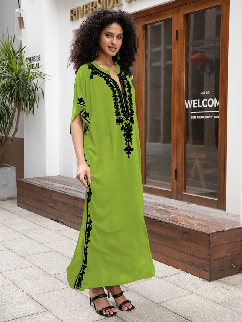 KECVOT Kaftan Dresses for Women Embroidered Short Sleeve V-neck Plus Size Caftan Bikini Swimsuit Cover-Up Long Beach Dress - Image 5