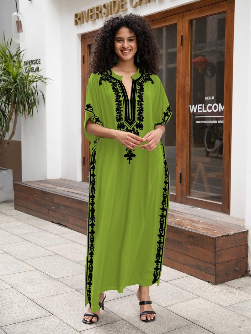 KECVOT Kaftan Dresses for Women Embroidered Short Sleeve V-neck Plus Size Caftan Bikini Swimsuit Cover-Up Long Beach Dress - Image 3