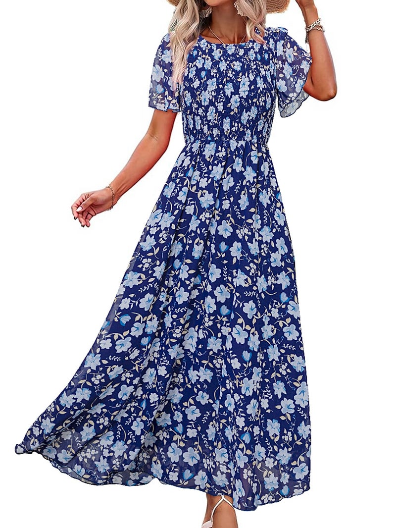 Simplee Apparel Simplee Dress for Women 2025 Casual Spring Boho Wedding Guest Dresses Floral Flowy Prom Smocked Elegant High Waist Garden Party Dress(Blue XL) - Image 1
