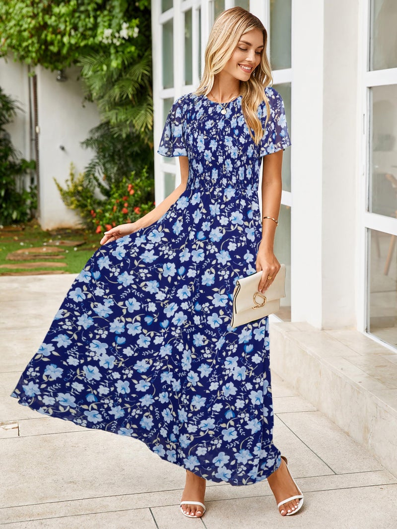 Simplee Apparel Simplee Dress for Women 2025 Casual Spring Boho Wedding Guest Dresses Floral Flowy Prom Smocked Elegant High Waist Garden Party Dress(Blue XL) - Image 2