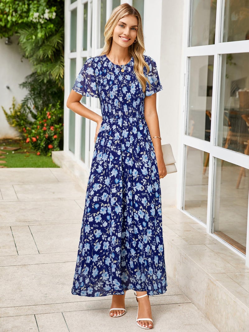 Simplee Apparel Simplee Dress for Women 2025 Casual Spring Boho Wedding Guest Dresses Floral Flowy Prom Smocked Elegant High Waist Garden Party Dress(Blue XL) - Image 3