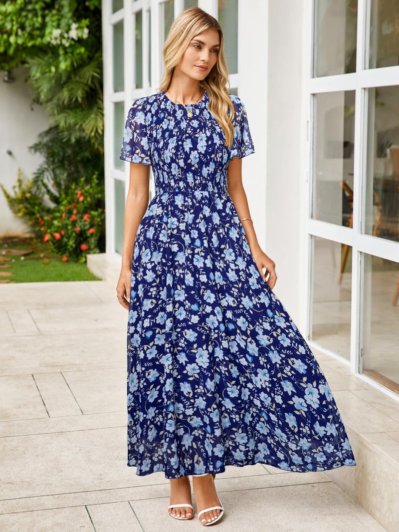 Simplee Apparel Simplee Dress for Women 2025 Casual Spring Boho Wedding Guest Dresses Floral Flowy Prom Smocked Elegant High Waist Garden Party Dress(Blue XL) - Image 5