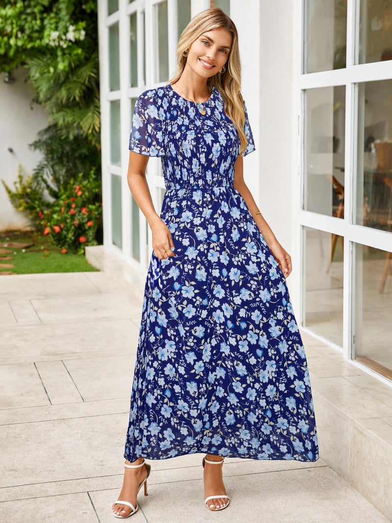 Simplee Apparel Simplee Dress for Women 2025 Casual Spring Boho Wedding Guest Dresses Floral Flowy Prom Smocked Elegant High Waist Garden Party Dress(Blue XL) - Image 4