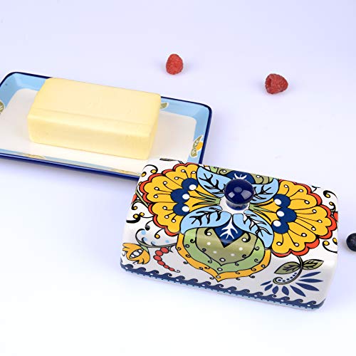 NAGU Hand Drawn Ceramic Butter Dish with Lid, Farmhouse Butter Plate Tray with Cover, Vintage Cheese Container Holder for Kitchen Countertop, Decorative Colored Country Style Home Butter Keeper Saver - Image 3