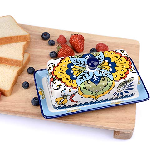 NAGU Hand Drawn Ceramic Butter Dish with Lid, Farmhouse Butter Plate Tray with Cover, Vintage Cheese Container Holder for Kitchen Countertop, Decorative Colored Country Style Home Butter Keeper Saver - Image 4