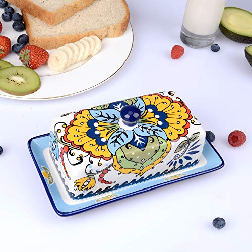 NAGU Hand Drawn Ceramic Butter Dish with Lid, Farmhouse Butter Plate Tray with Cover, Vintage Cheese Container Holder for Kitchen Countertop, Decorative Colored Country Style Home Butter Keeper Saver - Image 2