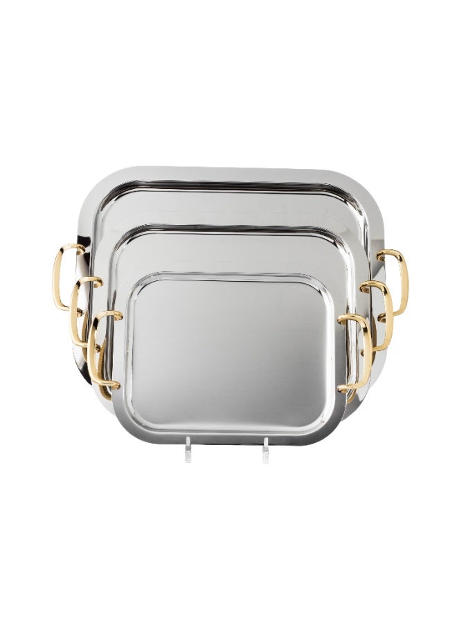 السيف  ✨ طقم صواني تقديم فاخر بثلاث قطع – تصميم فضي أنيق بمقابض ذهبية فخمة - Image 2