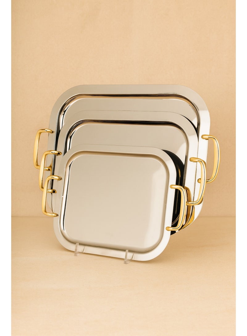 السيف  ✨ طقم صواني تقديم فاخر بثلاث قطع – تصميم فضي أنيق بمقابض ذهبية فخمة - Image 1