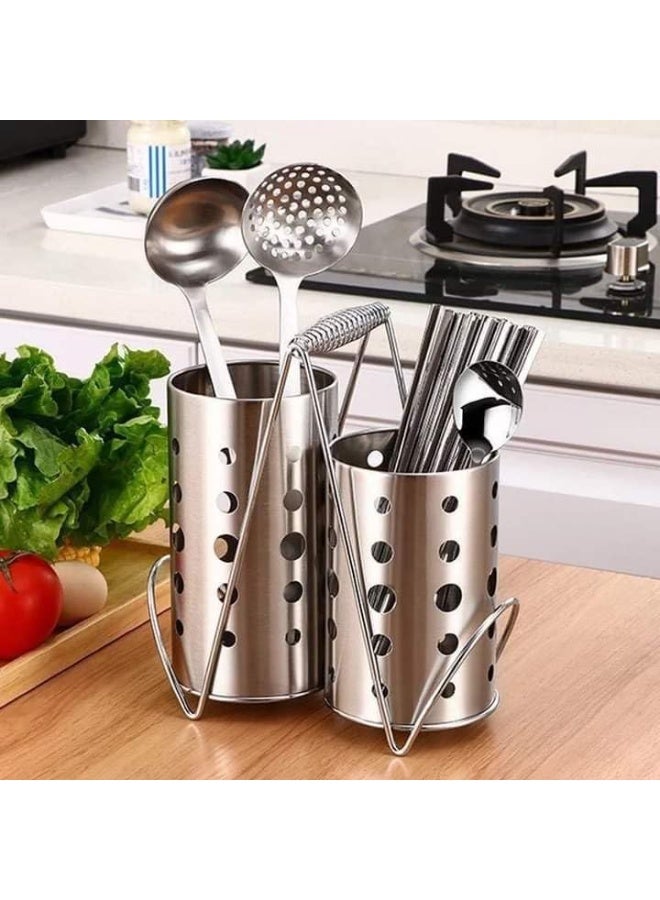 Stainless Steel Double Cutlery Strainer – Utensil Holder for Spoons, Forks & Knives with Handle - Image 5