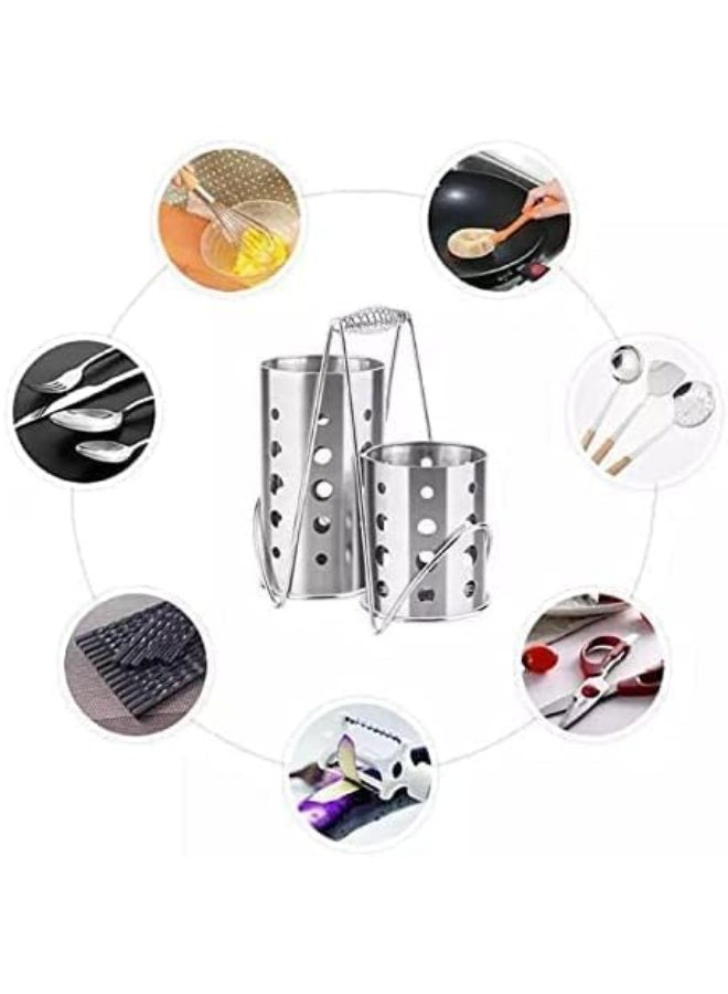 Stainless Steel Double Cutlery Strainer – Utensil Holder for Spoons, Forks & Knives with Handle - Image 3