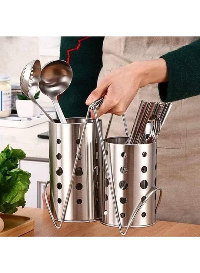 Stainless Steel Double Cutlery Strainer – Utensil Holder for Spoons, Forks & Knives with Handle - Image 4