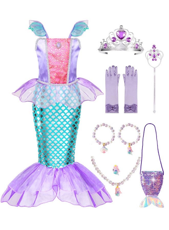 Meland Meland Mermaid Dress for Girls - Little Mermaid Costume for Girls with Bag Princess Dresses for Girls 3-8 Birthday Gift Purple GZQ008  - Image 1