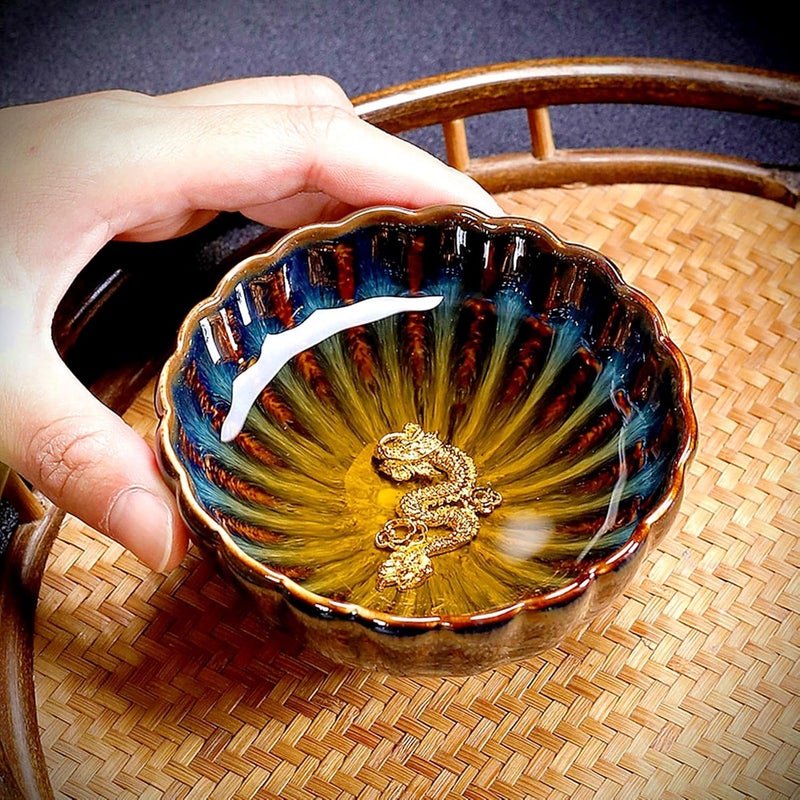 CmengAo Tenmokus Tea Cups Jianzhan Tea Cup Set 3d Dragon Phoenix Decorating 4 oz Chinese Ceramic Small Teacups Pack of 2 - Image 5