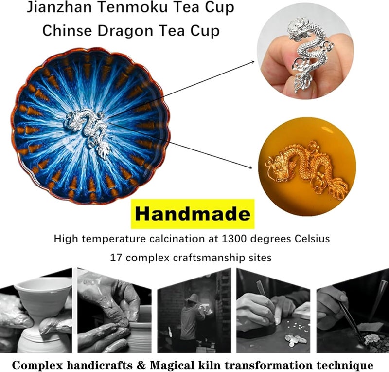 CmengAo Tenmokus Tea Cups Jianzhan Tea Cup Set 3d Dragon Phoenix Decorating 4 oz Chinese Ceramic Small Teacups Pack of 2 - Image 2