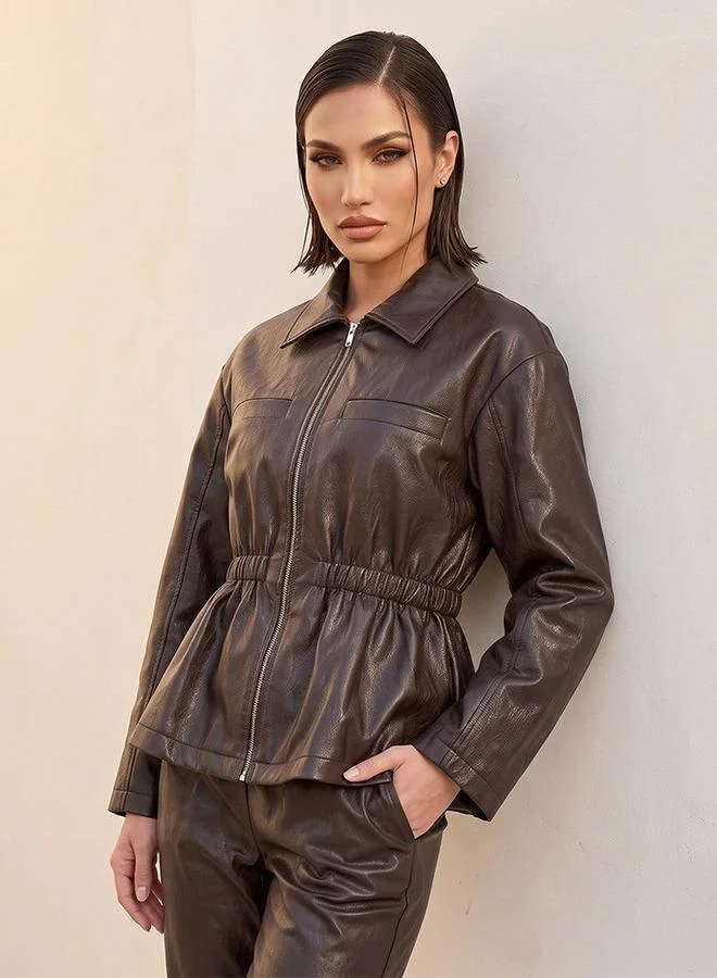 Iconic Iconic Faux Leather Jacket with Elasticated Waist